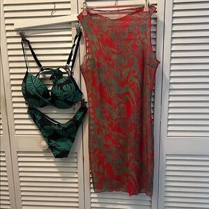 Women Tropical Bikini Set with Sheer Cover-Up ( M)